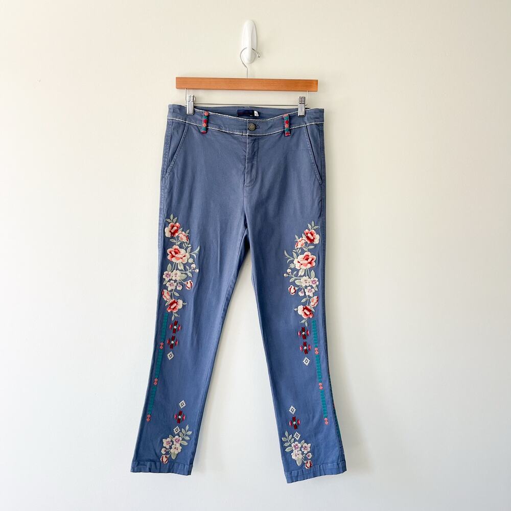 Johnny Was Blue Embroidered Floral Skinny Chino Pants Size Small